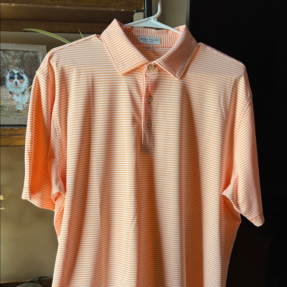 Peter Millar Peach/Light Orange Striped Polo Shirt. Large. VERY limited wear.